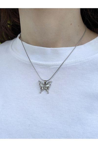 Eylülün Takısı Women's Silver Color Jewelled Butterfly Necklace