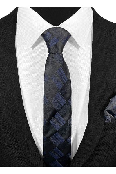 BLC Basic Line Co. Black & Navy Blue Elegant Match of Squares Microfiber Tie & Handkerchief - 7 cm Modern Cut