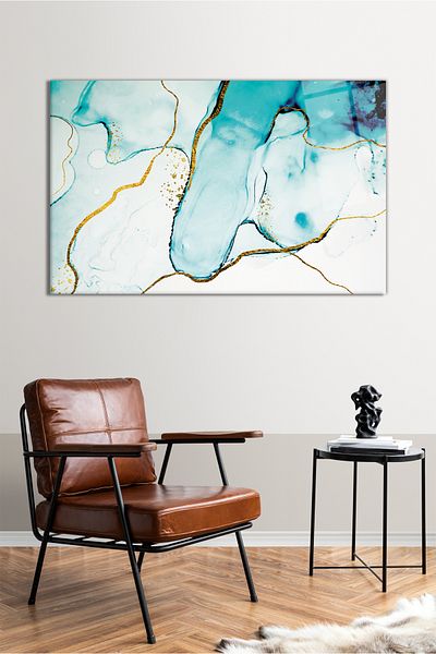 Vosevu Pictură orizontală din sticlă de marmură abstractă din aur albastru, decor modern pentru birou, decorare de perete cadou, rezistentă la spargere