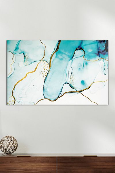 Vosevu Pictură orizontală din sticlă de marmură abstractă din aur albastru, decor modern pentru birou, decorare de perete cadou, rezistentă la spargere