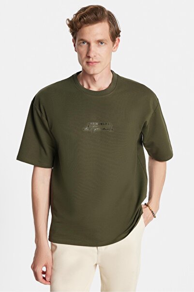 Tudors Men's Oversize Wide Cut Cotton Printed Crew Neck Khaki T-Shirt