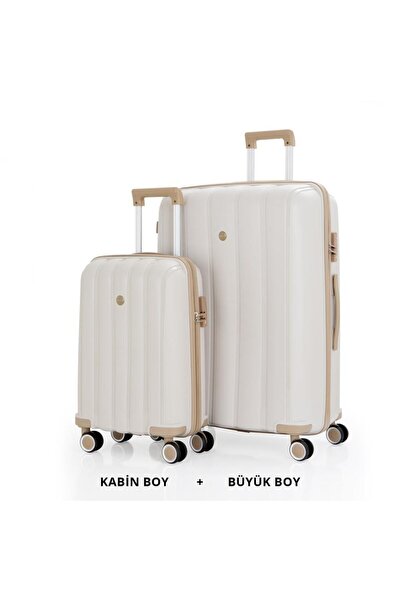 MÇS Bavul Büyük ve Kabin 2li Set Kırılmaz Silikon Valiz V305 Kemik/Şampanya