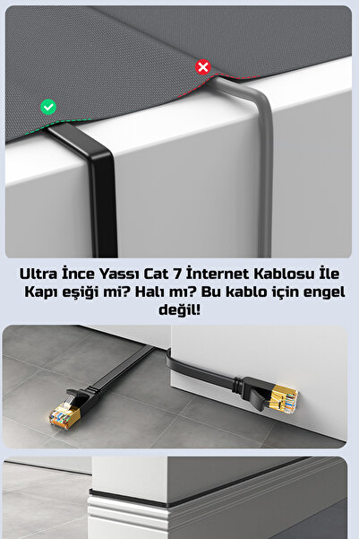 Gold Step 5 Metre Yassı Cat 7 Ethernet Kablosu 10 Gigabit/S 600 Mhz Premium Metal Zırhlı RJ45 Konnektör