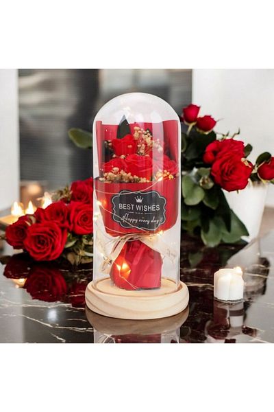 varioshop Buchet de trandafiri in cupola de sticla VarioShop®, iluminare LED, cutie de cadou, funda, ideal pe