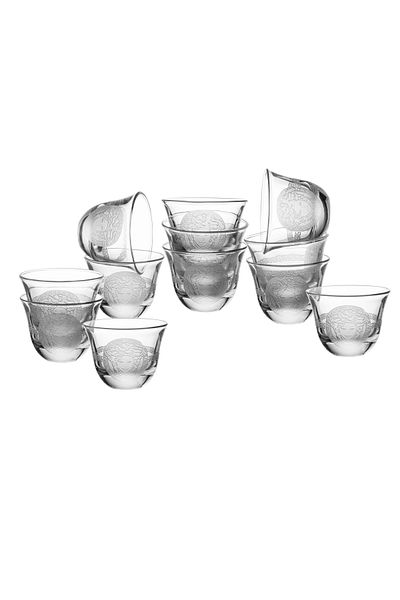Byblos Saudi coffee cup set made of Turkish glass with laser engraving, 12 pieces, capacity 80 ml