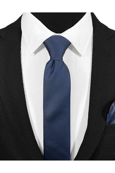BLC Basic Line Co. Microfiber Tie and Handkerchief with Blue Square Dots on Navy Blue Background – 7 cm Modern Cut