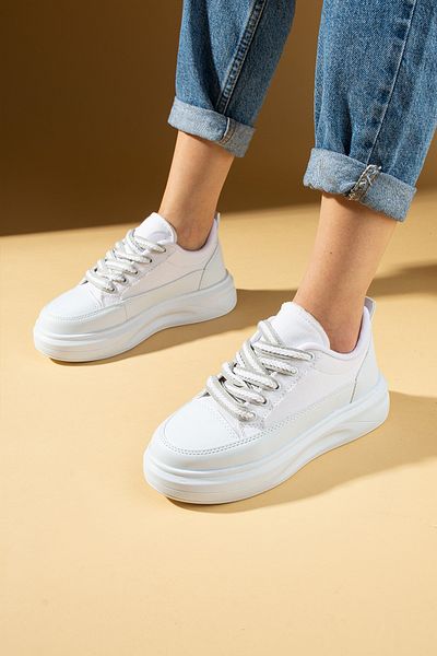 Pembe Potin White Women's Sports Sneakers Lace-up Casual Comfortable Sole Shoes