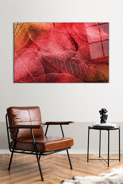 Vosevu Macro Red Leaf Horizontal Glass Table, Modern Home Office Decor Gift Wall Decoration Unbreakable Glass
