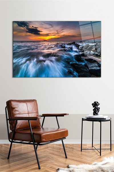 Vosevu Pictură pe sticlă orizontală peisaj marin infinit, decor modern pentru birou, decorare de perete cadou, rezistentă la spargere