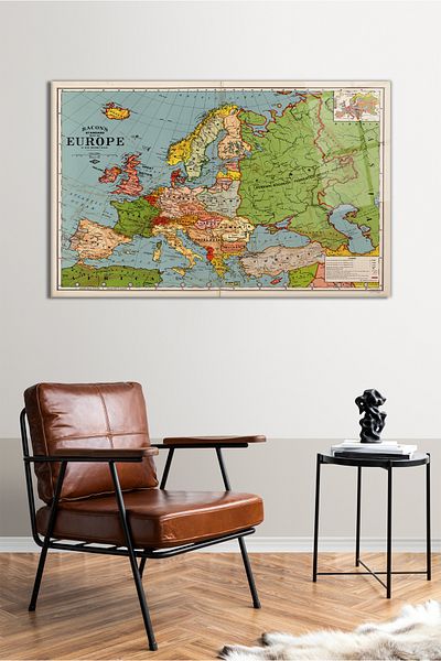 Vosevu Vintage 1925 Europe Map Horizontal Glass Painting, Modern Home Office Decor, Gift Wall Decoration
