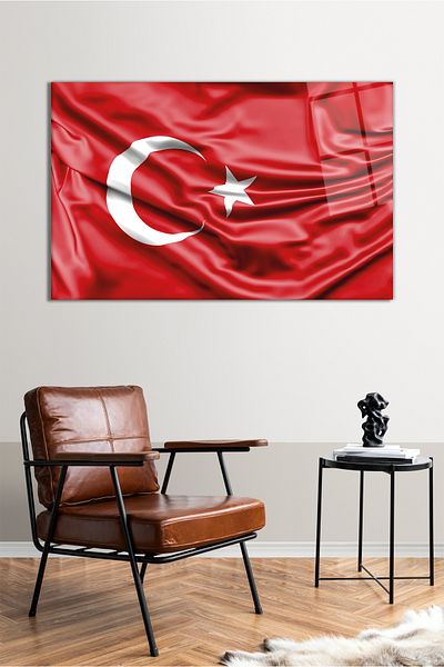 Vosevu Wavy Turkish Flag Horizontal Glass Painting, Modern Home Office Decor Gift Wall Decoration Shatterproof Glass