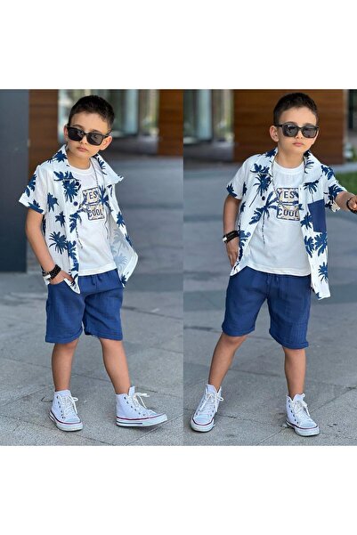 RAPAPA Boy's Summer Palm Shirt Suit – White/Navy Blue 11611L