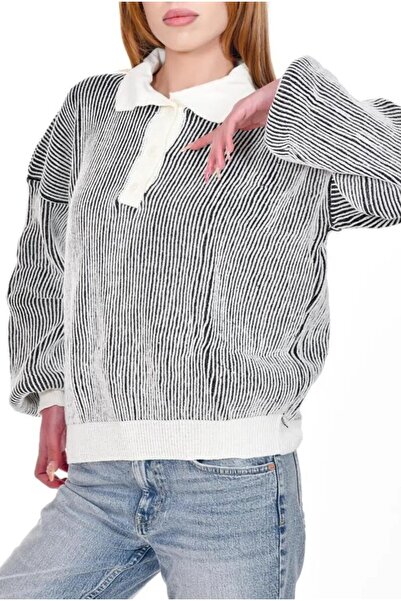 banessa Γυναικείο πουλόβερ με κουμπιά μαύρο και άσπρο ριγέ με λαιμόκοψη πόλο