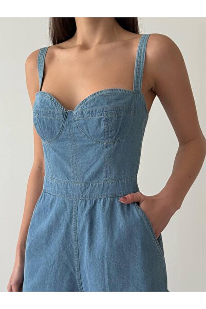 Pissos Salopetă de damă albastru deschis cu bretele scurte din denim - rochie mini din denim cu gloo de vară |   SS2025