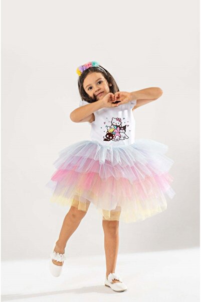 YAĞMUR KOStütüM Taç Hediyeli Hello Kitty Ve Arkadaşları Temalı Kız Çocuk Beya...
