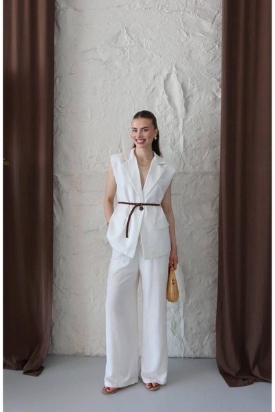 Ekim Store Linen Belted Double Vest Blazer Suit