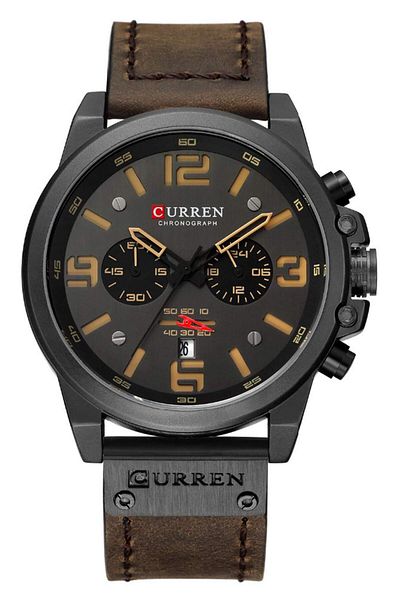 Curren Mens Brown Chronograph Fashion Trend Multi-Function Waterproof Quartz Watch Leather Strap Mil