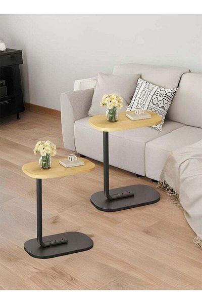 Taimi طاولة جانبية على شكل حرف C، قطعتين، تصميم أنيق مع معدن، 45×30×60 سم، لون خشبي، إطار أسود