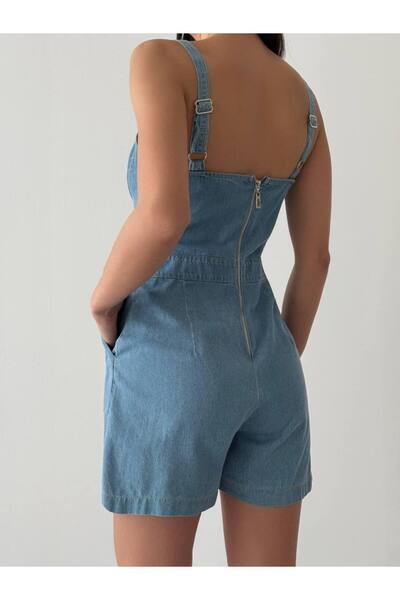 Pissos Salopetă de damă albastru deschis cu bretele scurte din denim - rochie mini din denim cu gloo de vară |   SS2025