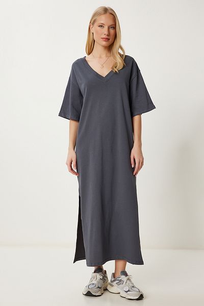 Lovelyİstanbul Oversize Basic Summer Stretch Knitted Dress Smoked Lub0113