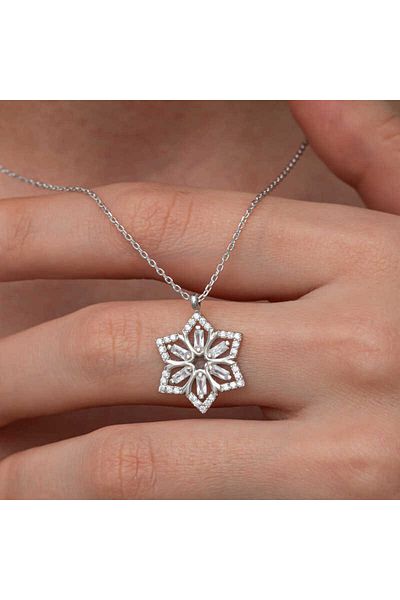 Emperium Silver Baguette Stone Flower Women's Necklace