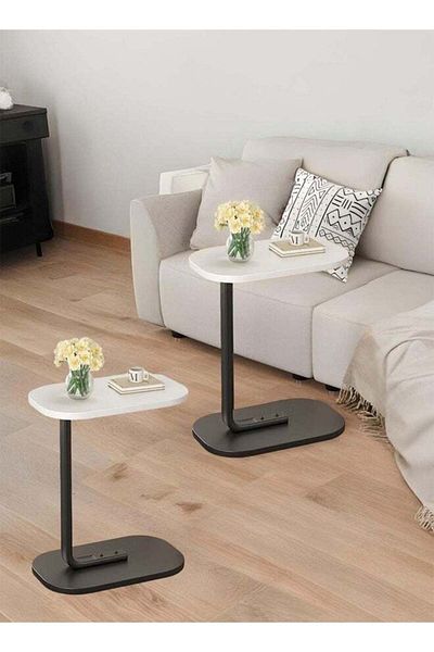 Taimi طاولة جانبية على شكل حرف C، قطعتين، تصميم أنيق مع معدن، 45×30×60 سم - لون أبيض بإطار أسود
