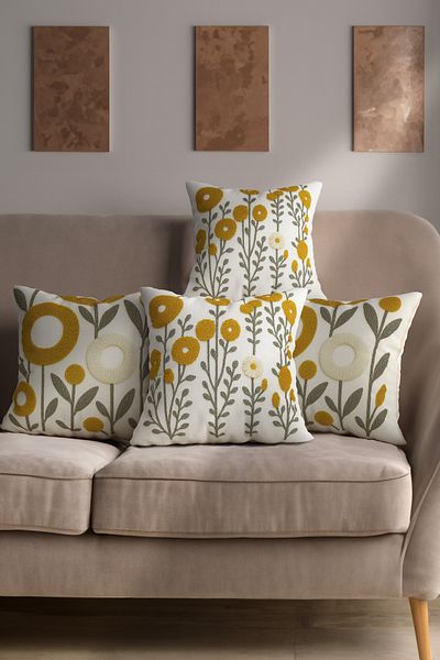 Şah Dekor Punch Embroidery Patterned Digital Printed Autumn Themed Set of 4 Throw Pillow Cases in Yellow Colors