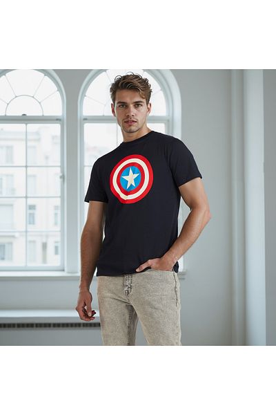 SP Characters Captain America Print Crew Neck Slim Fit T-shirt with Short Sleeves