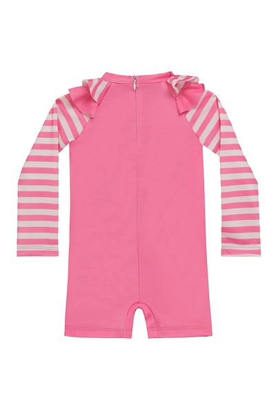 wakawakakidsstore Pink Long Sleeve Girls Swimming Romper with Whale and Flower Pattern - Pink