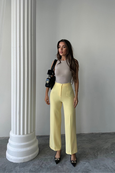 macharel jeans Kadın Yeni Sezon Yüksek Bel Klasik Sarı Kumaş Pantolon
