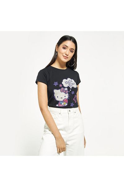 SP Characters Hello Kitty Print T-shirt with Crew Neck and Short Sleeves