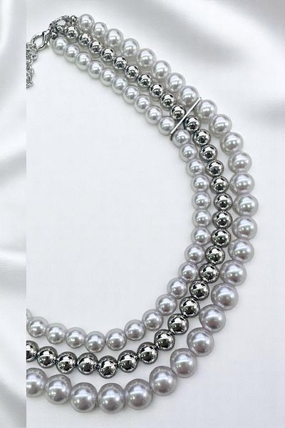 PETEK AKSESUAR 3 Rows Multi Pearl Ball Metalized Beads Necklace