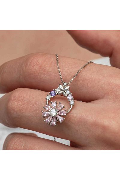 Emperium Silver Pink Spinning Flower Women's Necklace