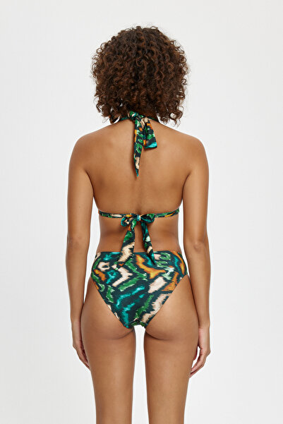 Louren Green Patterned Halterneck Empty Coated Triangle Bikini Set