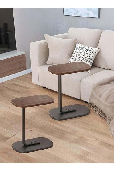 Taimi طاولة جانبية على شكل حرف C، قطعتان، تصميم أنيق مع معدن، 45×30×63 سم، لون بني، بإطار أسود