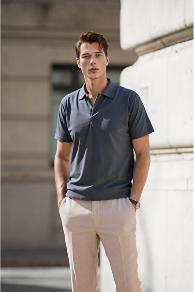 ROZELT Ανδρικό μπλουζάκι με γιακά πόλο από βαμβάκι Anthracite