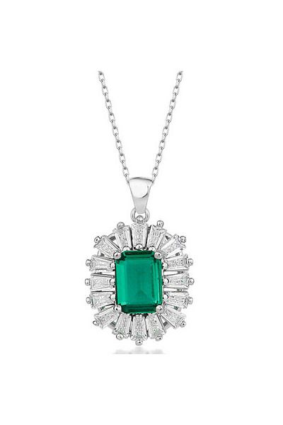 Emperium Silver Diamond Mounted Emerald Stone Women's Necklace