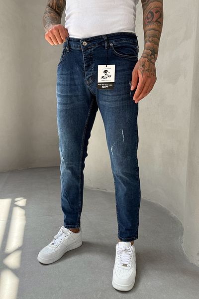MADZEYMODA Slim Fit Slim Fit Lycra Denim Ύφασμα σκισμένο Λεπτομερές μπλε ανδρικό τζιν παντελόνι KE-077