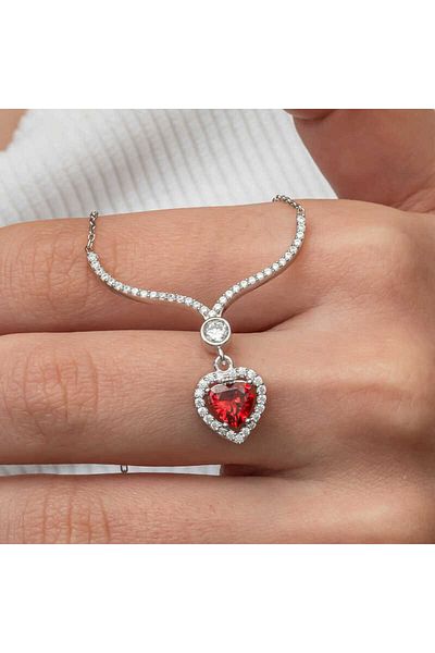 Emperium Silver Red Zircon Stone Heart Women's Necklace