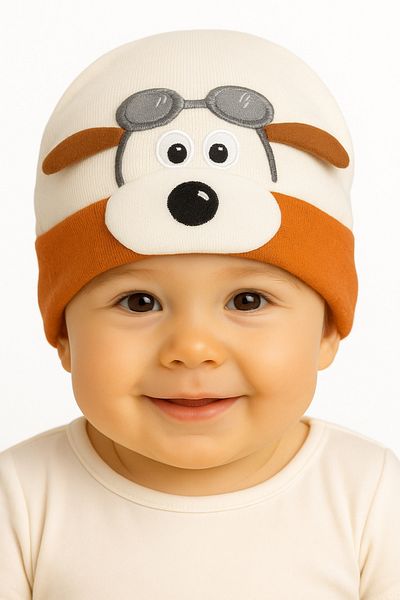 mia mia Dog Patterned Baby Hat with 3D Ears and Glasses – Soft Combed Cotton Fabric