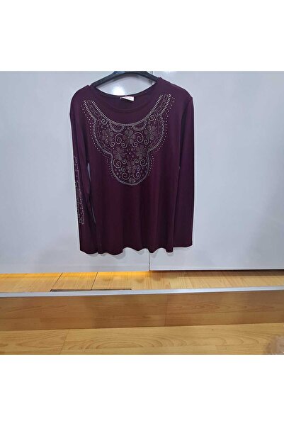 NUR TEKSTİL kadın patlıcan moru viskon pamuklu penye önü kol üstleri taş işle...