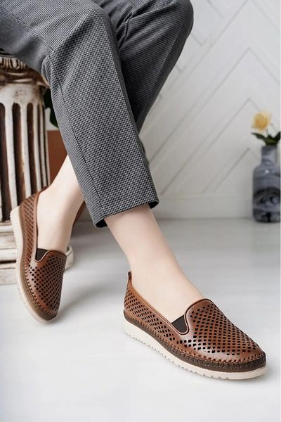 KAFKASLAR AYAKKABI Real Leather Full Orthopedic Perforated Ballerina Shoes