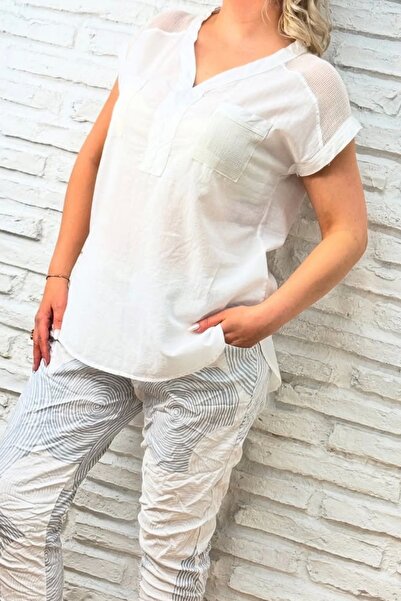 Bİ.GİYSEN Cămașă albă pentru femei, cu mânecă scurtă, din țesătură de in lava...