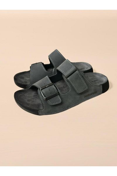 GEZER Ανδρικές παντόφλες Nubuck από γκρι δέρμα και ορθοπεδική σόλα