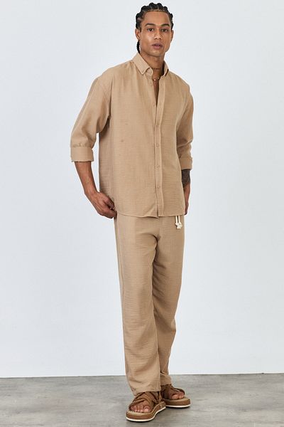 MADZEYMODA Premium New Season Men's Summer Comfortable Fit Shirt & Pants Bottom Top Light Coffee Linen Set Ls-3298