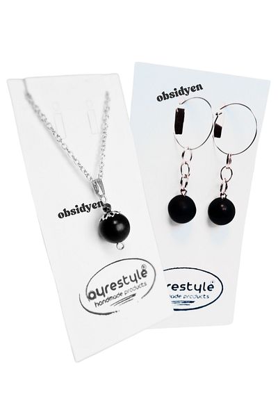 ayrestyle Natural Matte Obsidian Stone Necklace and Earrings Set – Modern, Stylish and Natural Design-Silver Color