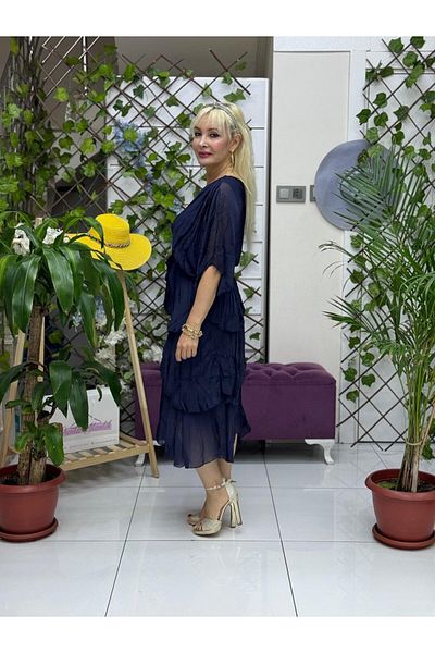 Punta Otantik Yg2073 Silk Dress with Waistband Navy Blue