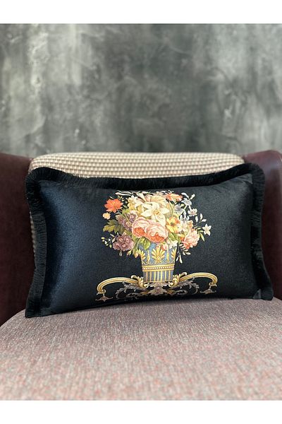 Fabricland Catifea de mătase florală neagră - Teaca dreptunghiulară cu ciucuri (model cu două fețe)