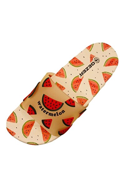 GEZER Beach Slippers, White, Watermelon Print, Size 38, 25 Centimeters