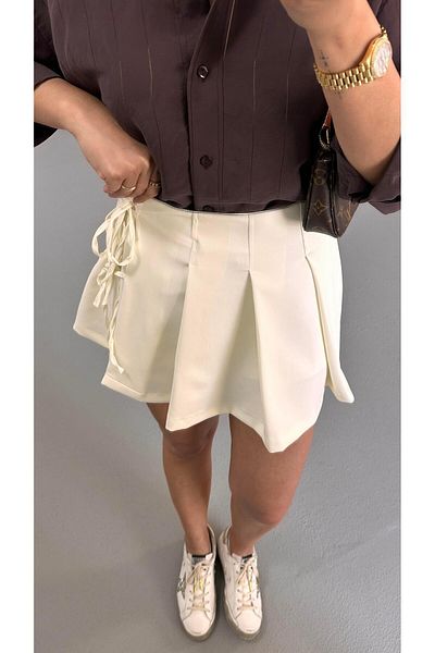 Sezgi Tekin Bow Pleated Detail Ecru Short Skirt